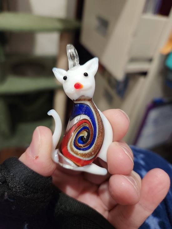 Other - Handmade White Glass Cat Pendant with Multicolor Swirl